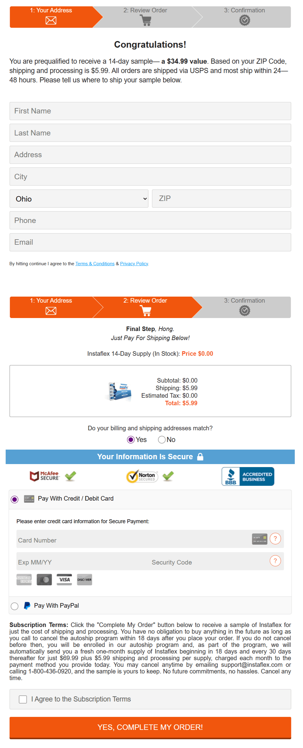 Instaflex Advanced checkout page